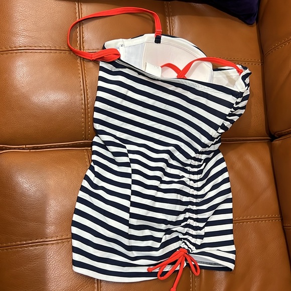 Boden Navy and White Striped Bikini with Coral Red Accents - Picture 2 of 8